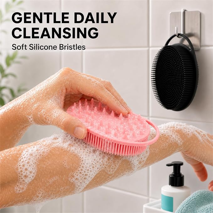 2 Pack Silicone Body Scrubber, Loofah Double-Sided Body Brush,Shower Scrubber and Scalp Massager Shampoo Brush for Sensitive Kids Women Men All Kinds of Skin (Black & Pink)