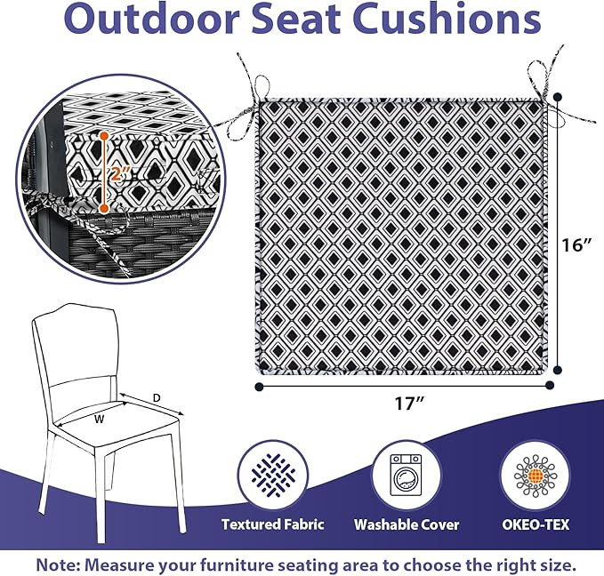 IPYNBAP Outdoor Chair Cushions Set of 4 -Waterproof Outdoor Seat Cushions for Patio Furniture, Patio Chair Cushion with Handle and Ties, Out Door Chair Pads,17x16x2-Square, Black Geometry