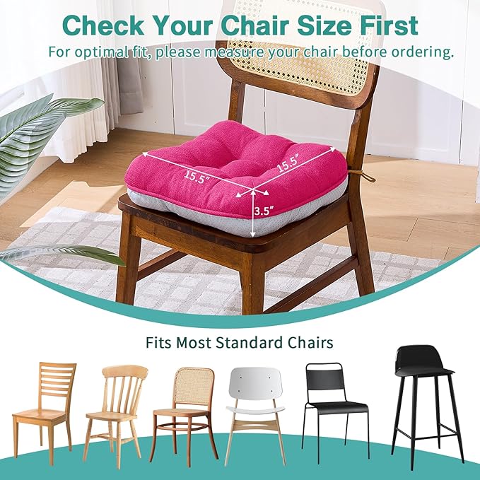 BETU Chair Cushions for Dining Chairs Set of 6,3.5" Thick Kitchen Table Chair Pads with Ties,Non Slip Backing and Covers, Seat Cushion for Dining Room,Bar,Patio Chairs,15.5"X15.5"X3.5",Hot Pink