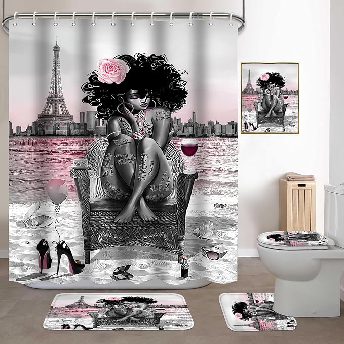5Pcs Black Girly Bathroom Sets with Rugs and Wall Painting, Pink and Black African American Shower Curtain Set with Rugs, Parisian-Style Modern Wall Decor, Bathroom Shower Curtain and Rug Set