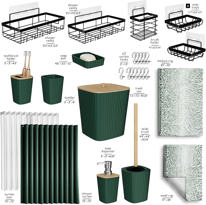 Clara Clark Bathroom Accessories Set - 27PC Bathroom Set with Adhesive Corner Shower Caddy Hanging, Bathroom Sets with Shower Curtain and Rugs, Ombre Green Shower Curtain Set with Bathroom Trash Can