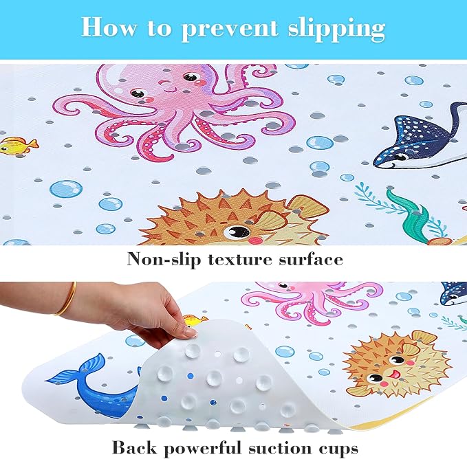 Secopad Bath Mat for Tub Non Slip, Machine Washable Anti-Slip Cartoon Baby Bathtub Shower Mat with Drain Holes and Suction Cups for Toddler & Kids (40 Inch x 16 Inch-Rectangular, New-Octopus)