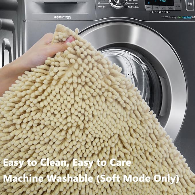 Bath Rugs Chenille 3-Piece Extra Soft and Absorbent Shag Beige Bathroom Rugs, Machine Wash Mat, Strong PVC Non-Slip Underside, Plush Carpet Mats (Beige)
