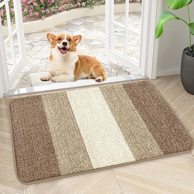 Kitinjoy Indoor Outdoor Door Mat, 30x17 Non-Slip Absorbent Dirt Trapper, Low-Profile Washable Inside Entrance Front Floor Mat, Sturdy Soft Entry Doormats for Entryway, Khaki