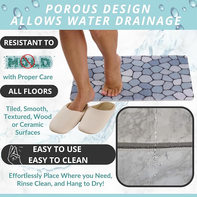 ENKOSI Loofah Non-Slip Shower and Bath Mat - Soft Cushioned Comfort - No Suction Cups for Smooth or Textured Tubs - Fast Draining - Safety for Bathroom, Family, Kids, and Elderly (24x16 Pebble Blue)