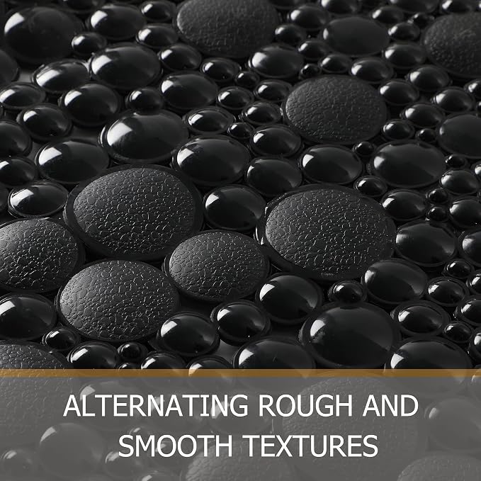 Extra Long Pebble Bath Tub Shower Mat 34.2 x 15.7, Bathmat Non-Slip with Suction Cups, Machine Washable, Bathroom Mats, Smooth/Non-Textured Surface Only (34.2" x 15.7", Black)