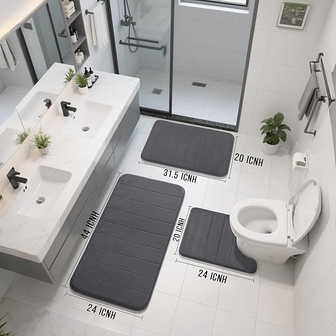 Yimobra 3 Pieces Memory Foam Bath Mat Set with U-Shaped Toilet Rug - Non Slip Super Soft Absorbent Quick Dry Bathroom Rugs for Bathtub, Vanity & Toilet Base, Dark Gray