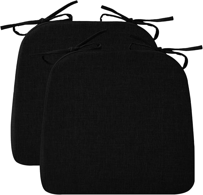 RUQMUISChair Cushions for Dining Chairs, 2" Thick Seat Cushions for Kitchen Chairs, D-Shaped Chair Pads with Washable Cover, Ties and Non Slip Backing, 17'' x 16'', Set of 2, Black