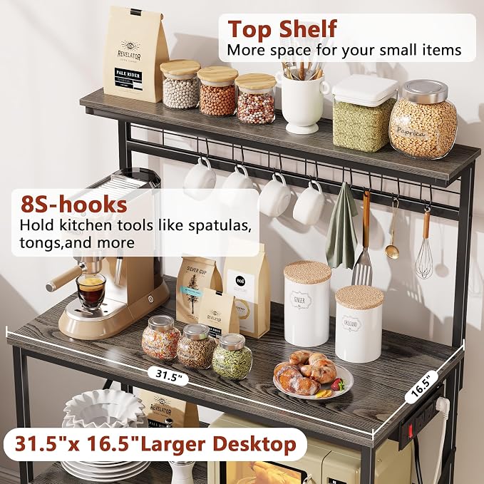 Furologee Kitchen Bakers Rack with Power Outlet,Coffee Stand with Storage 4 Tiers,Coffee Bar Station with a 31.5 Inch Larger Desktop and 8 S Hooks,Kitchen Microwave Rack for Spices,Pots,Black Oak