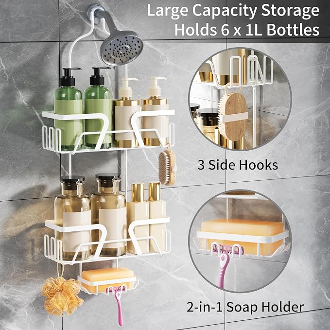 DAOYA White Shower Organizer Hanging - 2 Over The Shower Head Caddies + Soap Dish, Stainless Steel Rust-Free Bath Organizer