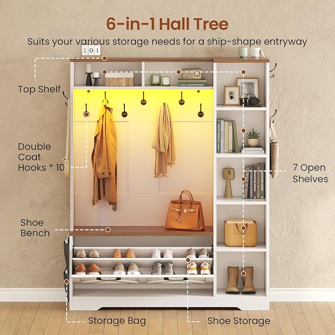 Itaar Hall Tree with Bench and Shoe Storage, Farmhouse Entryway Bench with Coat Rack, Shoe Cabinet with Flip Drawers, 7 Shelves, 10 Coat Hooks, Storage Bag, Led Lights, White