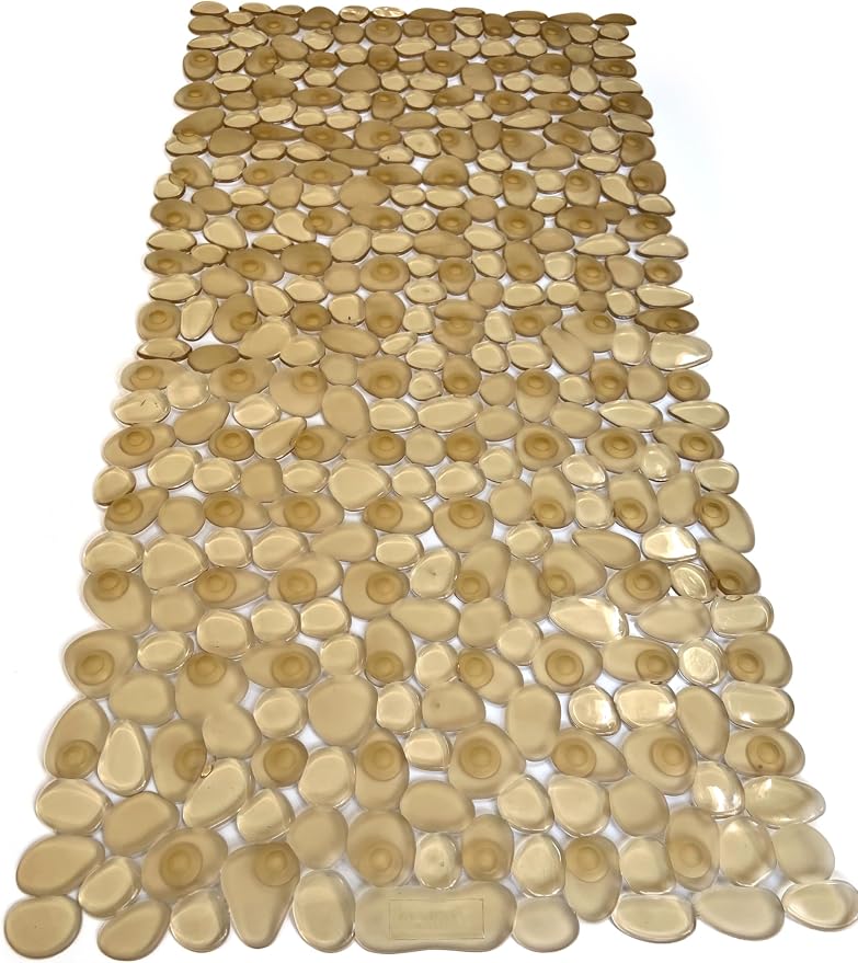 “Pebbles” Non-Slip Bathtub/Shower Mat 27.5”x14” Rectangular, Non-Toxic, Safe, Clean, Machine-Washable, Superior Grip & Drainage, Vinyl, for Smooth Floors ONLY, Transparent Light Brown