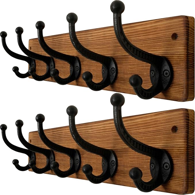 WEBI Rustic Coat Rack Wall Mount,5 Cast Iron Coat Hooks Wall Mounted,Heavy Duty Wall Coat Hanger Hooks for Hanging Coats,Clothes,Brown,2 Packs