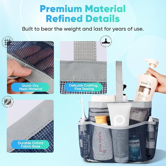 EUDELE Mesh Shower Caddy Portable for College Dorm Room Essentials, 8-Pocket Large Capacity Shower Bag for Beach, Swimming, Gym Pack