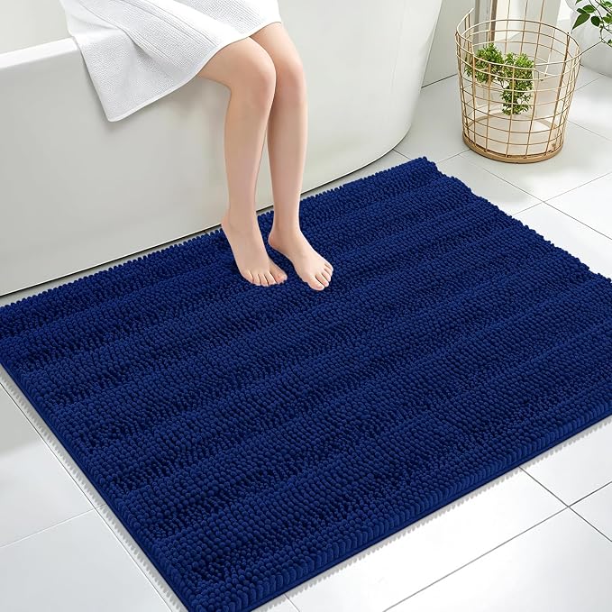 OLANLY Thick Large Bathroom Rugs 40x32, Extra Soft Absorbent Chenille Striped Bath Rugs, Rubber Backing, Machine Wash Dry, Bath Mats for Bathroom Floor, Tub and Shower, Home Decor Accessories, Navy