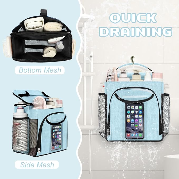 Attmu Shower Caddy Portable, Hanging Shower Bag for Dorm Room College, Large Capacity Quick Dry Mesh Tote Bag for Travel Camping Essentials (Dusty Blue)