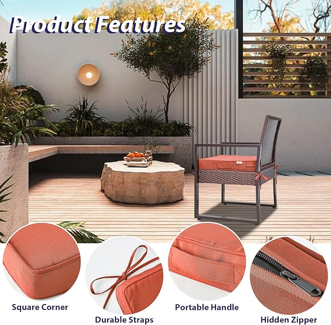 IPYNBAP Outdoor Chair Cushions Set of 4 -Waterproof Outdoor Seat Cushions for Patio Furniture, Patio Chair Cushion with Handle and Ties, Out Door Chair Pads,19x19x3-Square, Spice