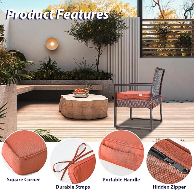 IPYNBAP Outdoor Chair Cushions Set of 4 -Waterproof Outdoor Seat Cushions for Patio Furniture, Patio Chair Cushion with Handle and Ties, Out Door Chair Pads,17x16x2-Square, Spice