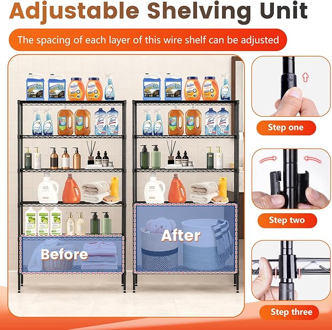 BestOffice | 6-Tier Wire Storage Shelves with Wheels | 18x45x82 | Black | Adjustable Racks | Heavy-Duty Metal Shelf, Holds Upto 2100 lbs | No-Tool Assembly | Ideal for Home & Garage Shelving