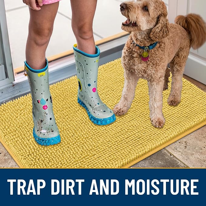 Smiry Dog Door Mat for Muddy Paws 30x20, Absorbent Dirt Trapper, Non-Slip Washable Chenille Entryway Rug for Inside Floor, Yellow, Classic Solid