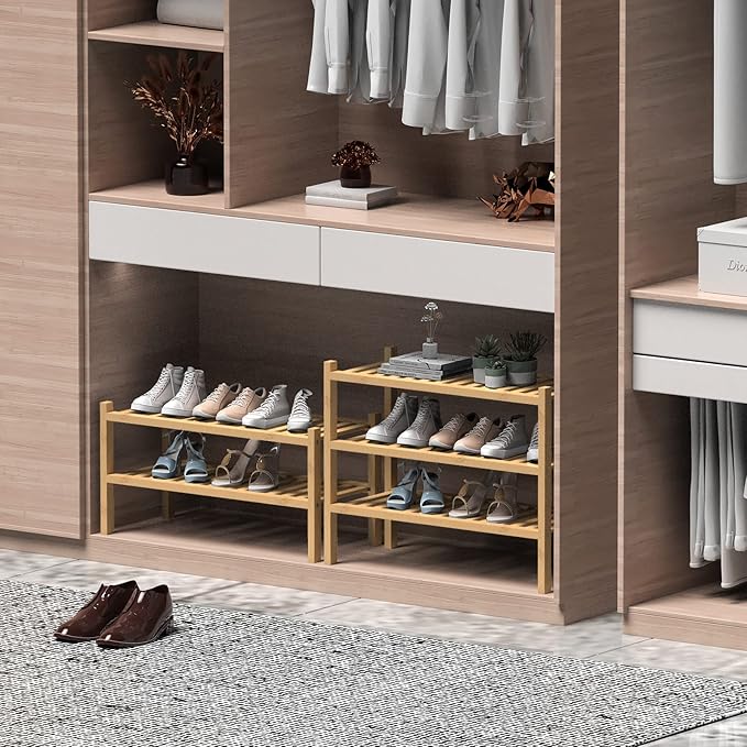 ROMGUAR CRAFT (Thick Bamboo Shoe Rack for Entryway, 3-Tier Free Standing Shoe Racks Stackable Shoe Rack Organizer for Hallway Closet Living Room 27 x12 x21 Inches