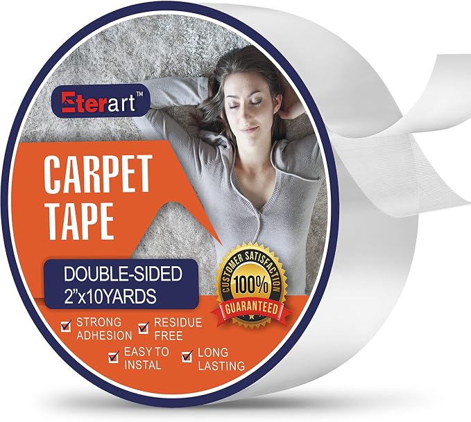 ETERART Heavy Duty Double Sided Carpet Tape - Fiberglass Reinforced, Residue-Free Rug Tape for Hardwood Floors & Tile - Hand Tearable, Anti-Slip Safety for Kids & Pets (2" x 10 Yards, White)