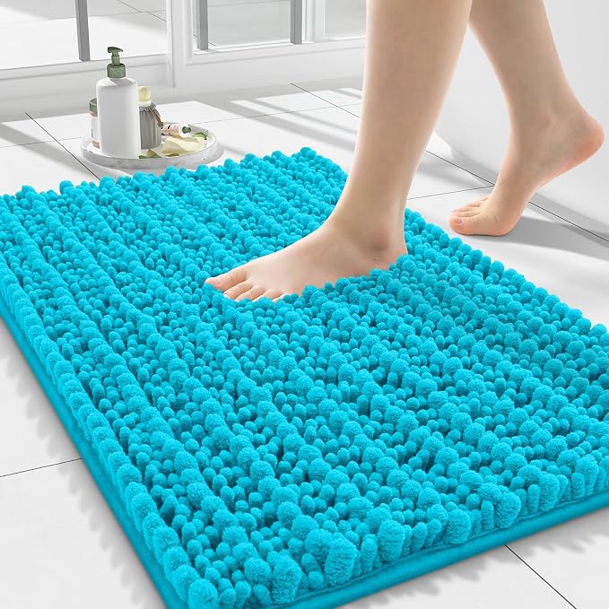 Smiry Bathroom Rugs Mat 24x16, Extra Soft Absorbent Chenille Bath Rugs, Non Slip Rubber Backing Machine Washable Quick Dry Bath Mats for Bathroom Floor, Tub, Shower, Home Decor Accessories, Aqua Sky