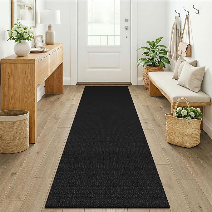 KOZYFLY Black 2x7 Washable Kitchen Runner Rug, Non Slip Runners for Hallway, Cotton Entryway Runner, Braided Floor Carpet for Entry, Kitchen, Bedside, Hall, Black/Dark Grey