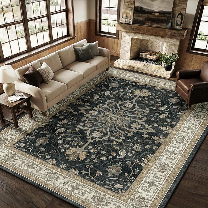 RELEANY Area Rugs Large 10'x12' Washable Non-Slip, Floral Vintage Distress Medallion Carpet for Living Room Bedroom Dining Room, Vintage Black Brown Neutral