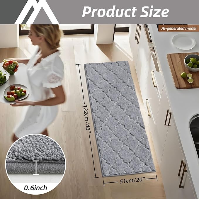 COSY HOMEER Kitchen Rugs 20"x48" Non-Slip Absorbent Soft Kitchen Runner Rug Polyester Kitchen Mats for Floor Washable Kitchens Standing Floor Mat for Sink Mat,Hallway,Laundry,Grey