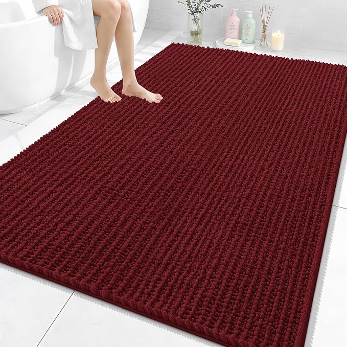 OLANLY Bathroom Rug Mat 70x46, Thick Soft and Absorbent Chenille Bath Mat, Non-Slip Rubber Backing, Machine Washable Quick Dry Bath Rugs for Tub Shower Floor, Home Decor Accessories, Burgundy