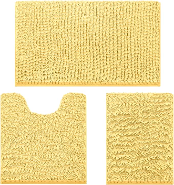 HOMEIDEAS 3 Pieces Bathroom Rugs, Ultra Soft Non Slip Absorbent Chenille Toilet Bath Mat Set (Yellow)