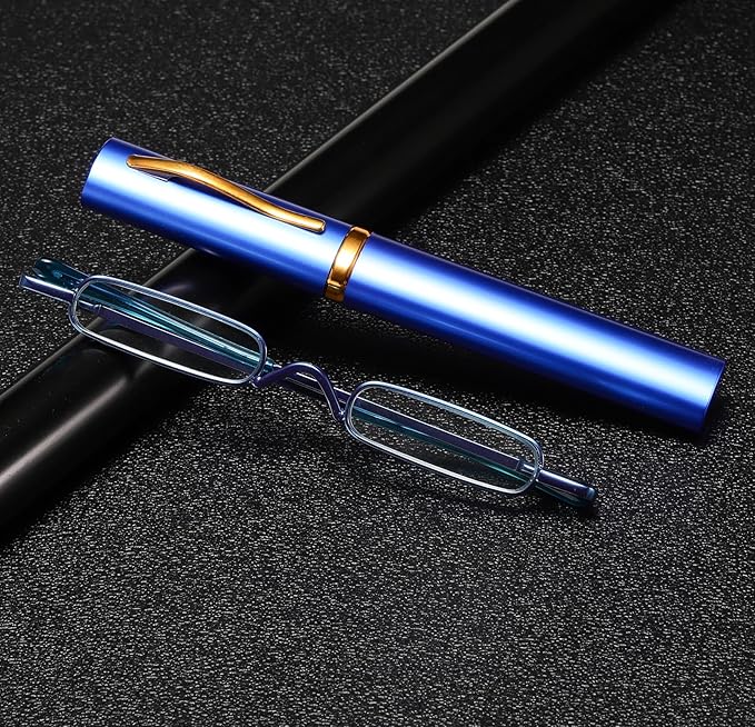 Viseng Slim Mini Metal Reading Glasses Compact Lightweight Portable Readers with Glasses Case for Reading Case Blue+Purple+1.5