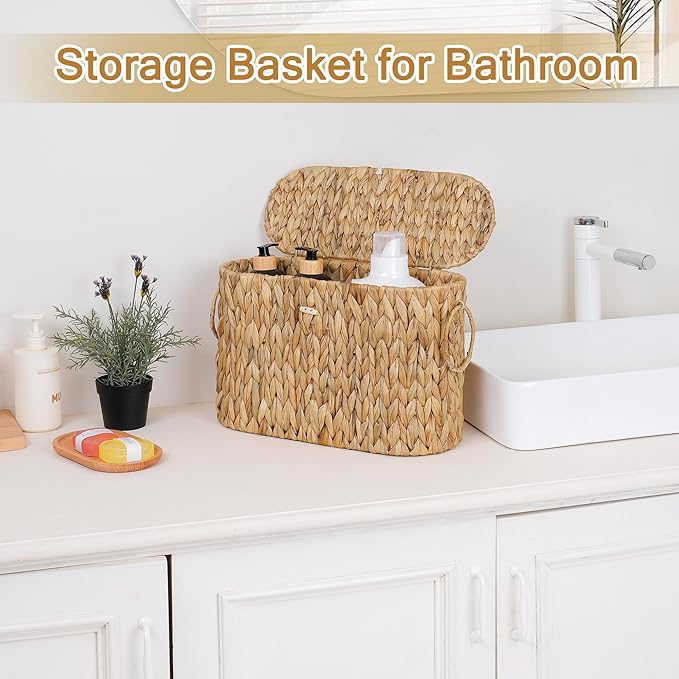 efluky Toilet Paper Storage Basket, Water Hyacinth Slim Toilet Paper Holder with Lid- Holds Up to 9 Mega Rolls, Home Bathroom Decor Organizer