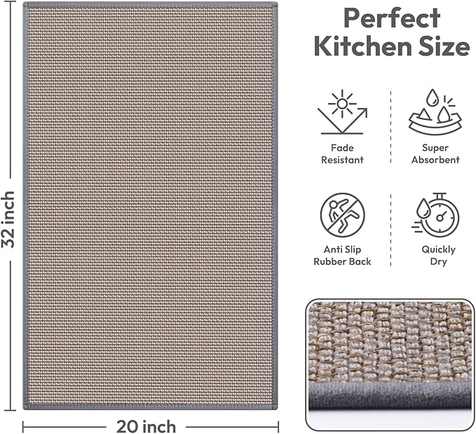 Kitchen Mats for Floor,Kitchen Rug, Nonskid, Washable,Absorbent Kitchen Runner Rug for in Front of Sink,Entryway,Hallway,Rubber Backing Indoor Door Mat,Farmhouse Style Standing Mat,20"x32",Grey