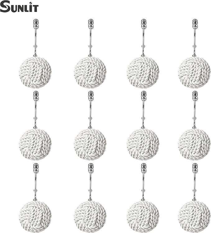 Sunlit Boho Knots Double Shower Curtain Hooks, Home Decorative White Shower Curtain Rings for Bathroom, Seaside Nautical Shower Curtain Hangers Bathroom Accessories, Set of 12