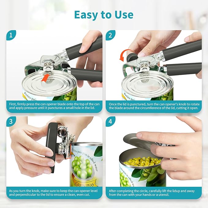 Ultrean Manual Can Opener Bottle Opener, Heavy Duty Stainless Steel Smooth Edge Manual Hand Held Can Opener With Soft Touch Handle, Rust Proof Oversized Handheld Easy Turn Knob (Gray)