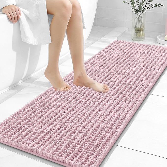 OLANLY Long Bathroom Rugs Runner 47x17, Thick Soft and Absorbent Chenille Bath Mat, Non-Slip, Machine Washable Quick Dry Bath Rugs for Tub Shower Floor, Home Decor Accessories, Dusty Rose
