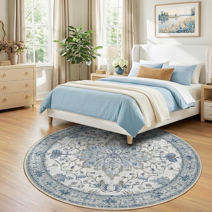 RELEANY Area Rugs Round 7ft Washable Non-Slip, Floral Vintage Distress Medallion Carpet for Living Room Bedroom Dining Room, Light Blue Navy Gray White