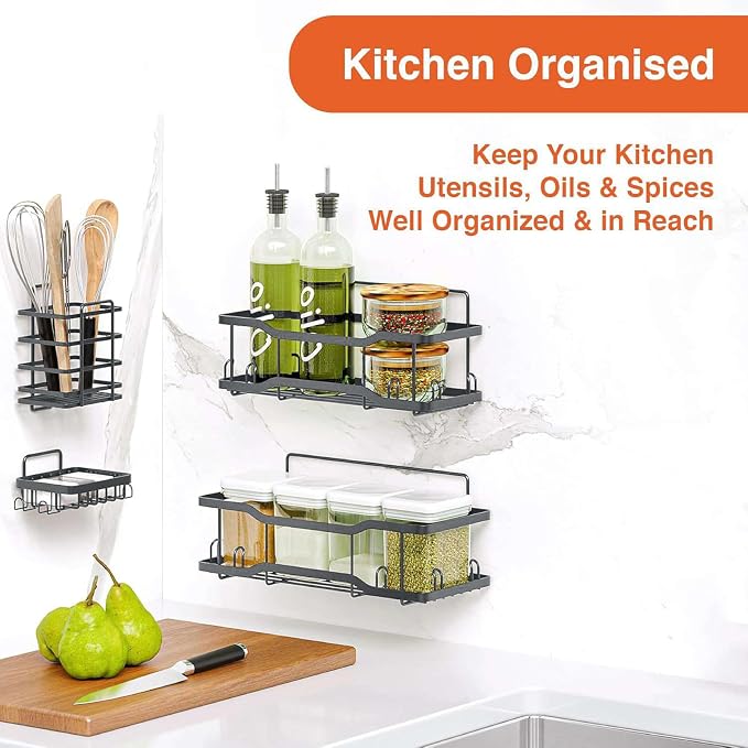 Shower Caddy Bathroom Shelves, The Athena Silken 4 Set, 40LB Capacity, Adhesive Tape - No Drill - Rustproof -Gorgeous Powder Coated 304 Stainless Steel Shower Organizer for kitchen & Home Decor - Grey