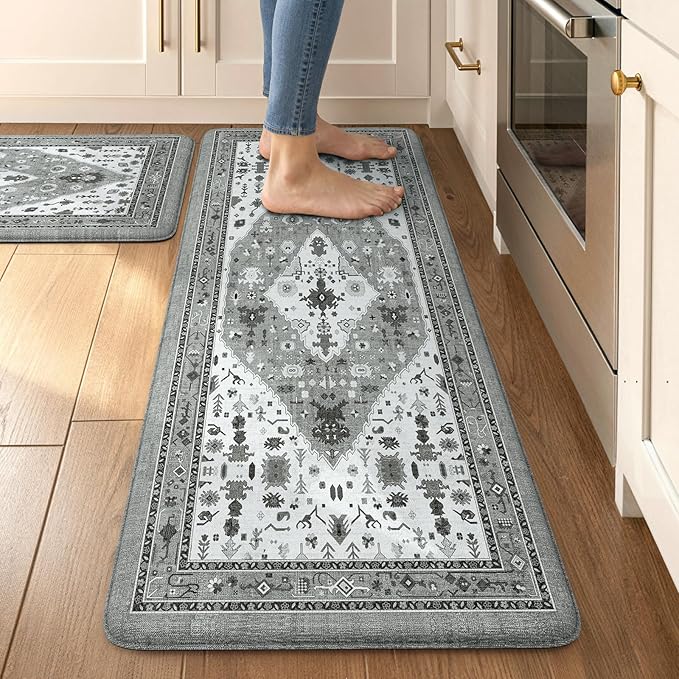 Collive Boho Kitchen Rugs and Mats 2PCS, Cushioned Anti Fatigue Kitchen Mats for Floor Waterproof Non Slip Comfort Foam Standing Mat for Kitchen,Office,Sink,Laundry,17.3''x29''+17.3''x47''