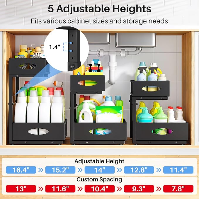 Under Sink Organizer, 2 Tier Pull Out Under Cabinet Organizer Shelf with Pad for Framed Cabinets, Metal Slide Out Under Sink Storage, Mesh Sliding Drawers for Kitchen Bathroom Laundry(Black, 1 Pack)