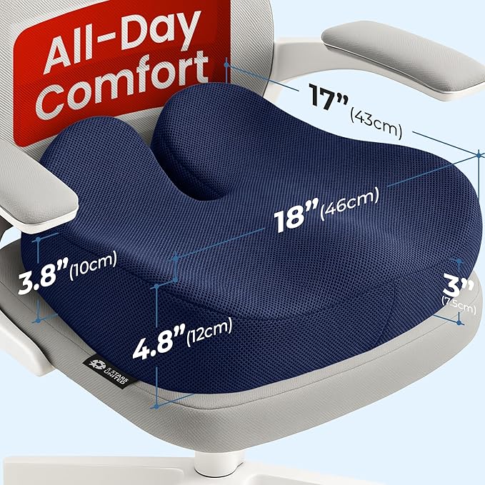 5 STARS UNITED Seat Cushion - Memory Foam Chair Cushion for Tailbone Pain Relief - Ergonomic Support for Coccyx, Sciatica & Butt - Office, Desk & Gaming Chair, Car Seat, Wheelchair, Blue Mesh