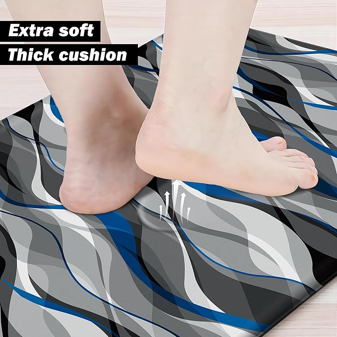 Kitchen Mats for Floor Modern Abstract kitchen rugs Grey and Blue Stripe Anti Fatigue Kitchen Mats Waterproof Floor Mats Cushioned Non-Skid Standing Mats for Kitchen, Set of 2,17.3 x 28+17.3 x 47