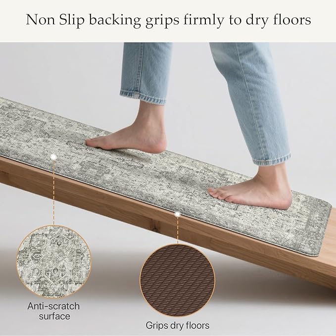 GENIMO Kitchen Mats for Floor 2PCs, Washable Anti Fatigue Mat for Cushioned, 17.3"x47"+17.3"x30", Waterproof Kitchen Rugs, Non Slip Comfort Standing Mat Rug for Home, Sink, Laundry, Stone Gray