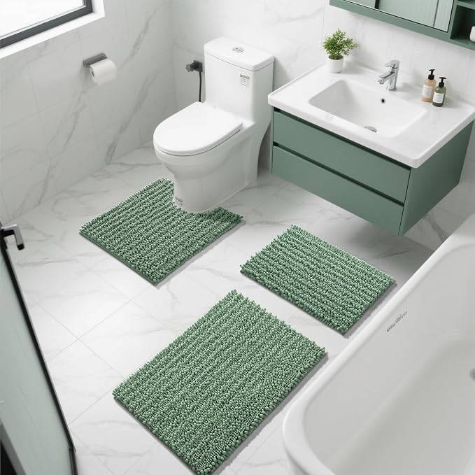 Yimobra Bathroom Rugs Non Slip Washable 32x20 Inch - Ultra Soft Absorbent Chenille Bath Mat, Quick Dry Shaggy Floor Carpet for Tub Shower, Green Home Decor Accessories