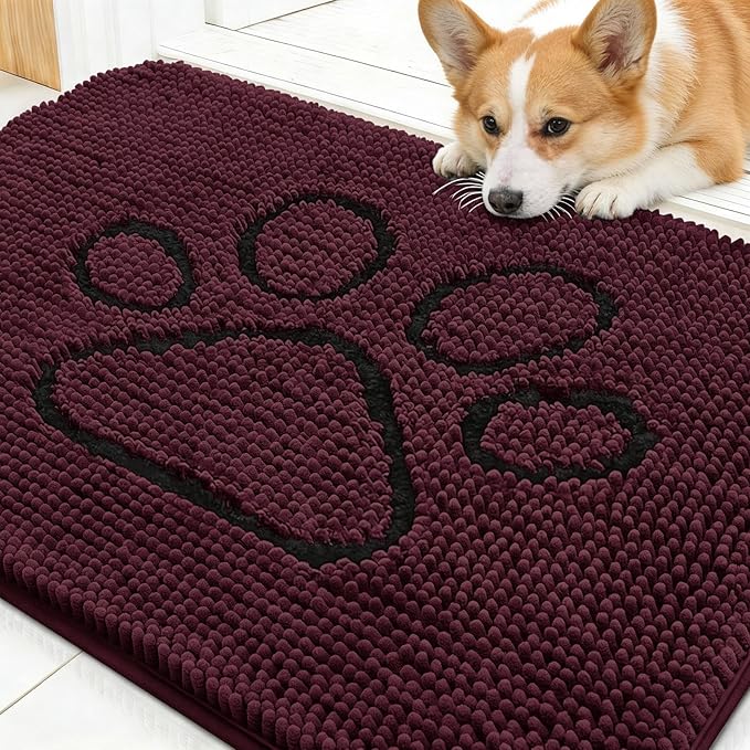 OLANLY Dog Door Mat for Muddy Paws 30x20, Paw Print Design, Absorbs Moisture and Dirt, Absorbent Non-Slip Washable Doormat, Quick Dry Chenille Mud Mat for Dogs, Entry Indoor Entryway Carpet, Russet