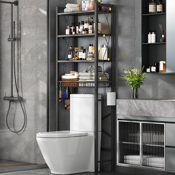 Over-The-Toilet Storage Rack, 4-Tier Bathroom Organizer Shelf Over Toilet with Adjustable Shelf and Basket, Freestanding Space Saver Bathroom Shelves Above Toilet for Room (Oak Gray)