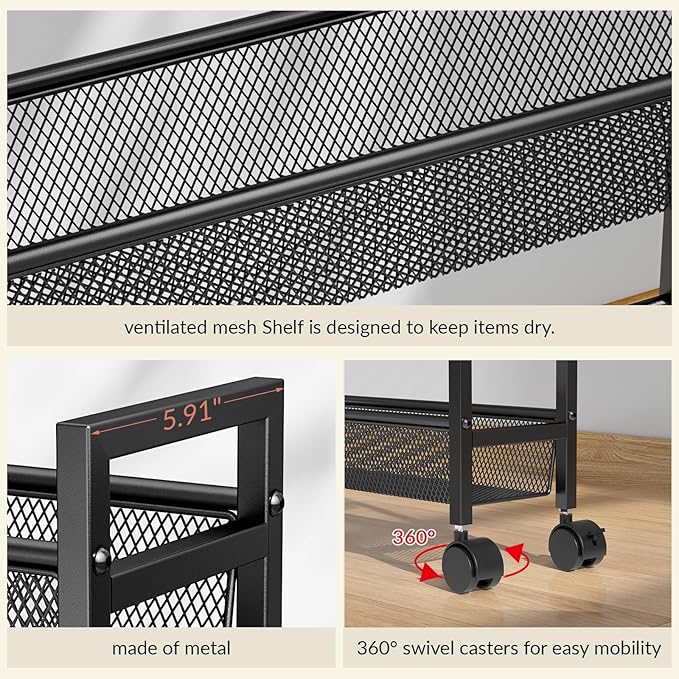 ThreeHio 6 Tier Slim Storage Cart, Narrow Cart with Wheels, Metal Mobile Shelving Unit Organizer for Kitchen, Bathroom, Laundry Room, Living Room & Narrow Spaces, Black, 6in(W)