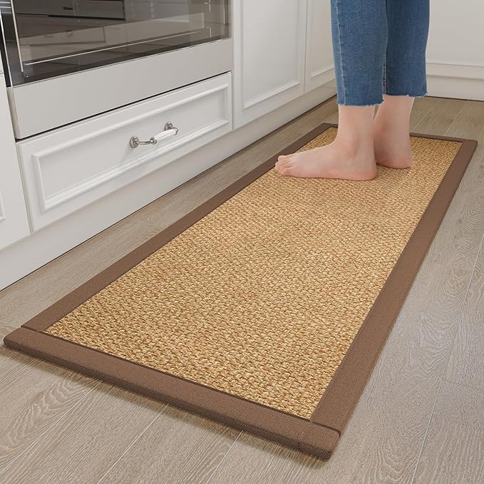 YDKGL Kitchen Rugs Mat Non Slip Washable, 0.4" Thick Anti Fatigue Cushioned Kitchen Mats for Floor, Absorbent Jute-Look Kitchen Runner Rug Sink Mat Laundry Standing Mats, Easy Clean, Brown 17"x47"